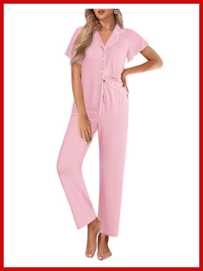 Ruffle Sleeve Notch Collar Pajama Set Long Pants S-Xxl